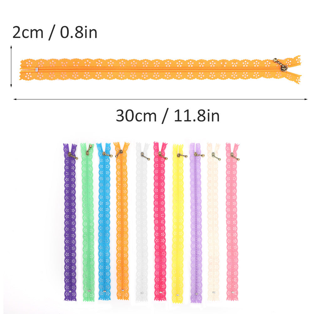 10Pcs Lace Zipper Mixed Style Bud Silk Shape No.3 Nylon Sewing Clothing Accessories 30cm