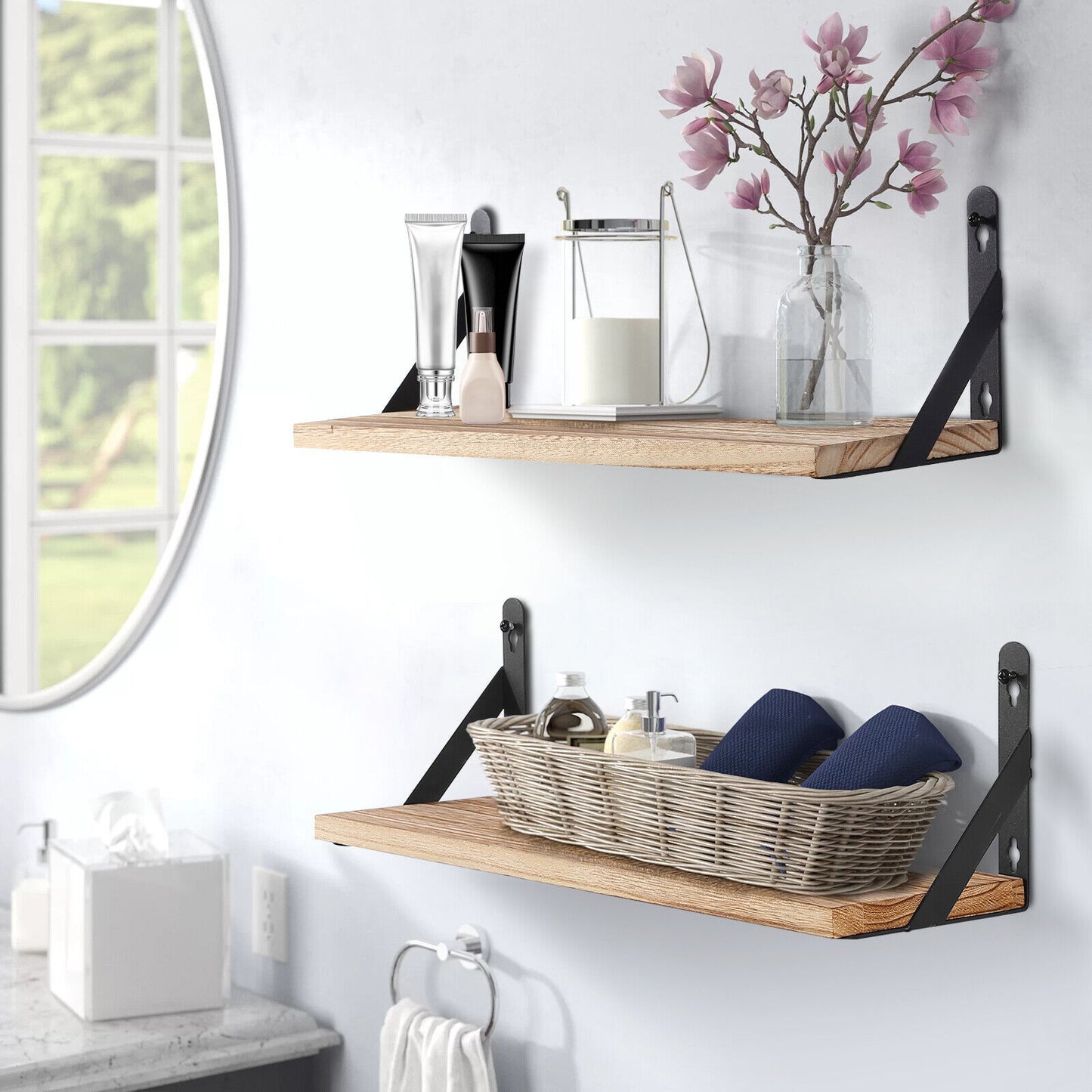 2x Wooden Floating Shelves Wall Mounted Display Storage Hold Rustic Industrial