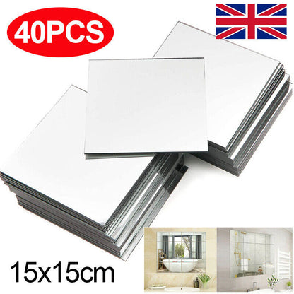 40X Glass Mirror Tiles Wall Sticker Square Self Adhesive Stick On Home Set DIY S