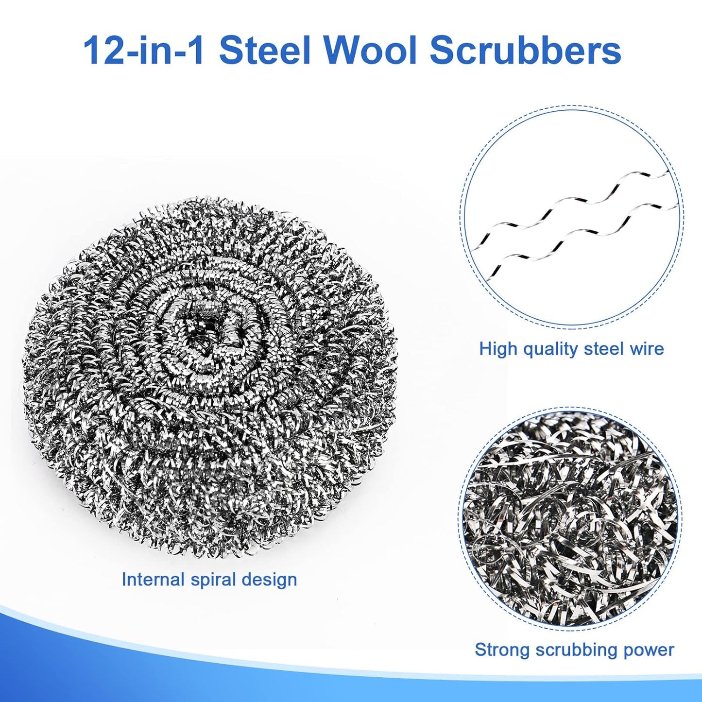 12Pack Upgraded Steel Wool Scrubbers by ovwo - Premium Stainless Steel Scrubber, Metal Scouring Pads, Steel Wool Pads, Kitchen Cleaner, Heavy Duty Cleaning Supplies - Especially for Tough Cleaning