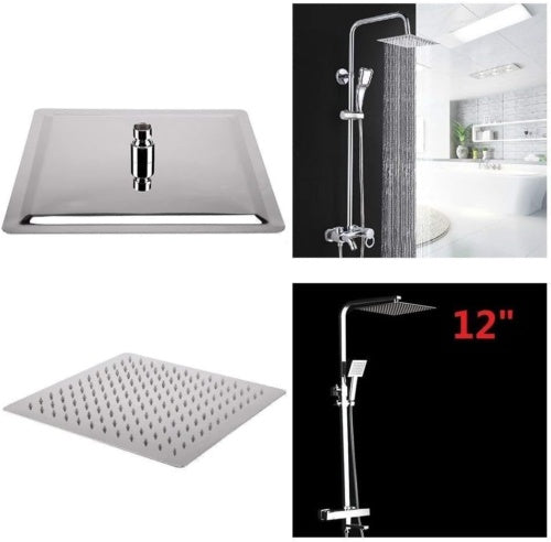 12 inches Large Square Shower Head Chrome Stainless Steel Rainfall Overhead Bathroom