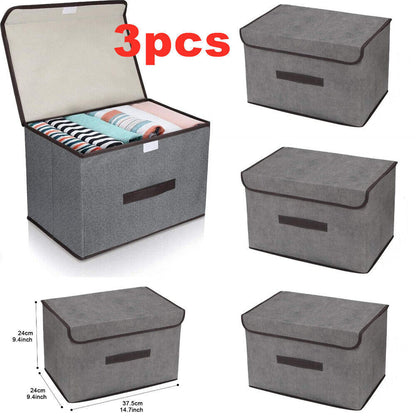 3Pcs Large Foldable Canvas Storage Boxes Folding Fabric Clothes Baskets With Lid