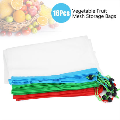 16Pcs Reusable Washable Vegetable Fruit Mesh Bags Storage Pouch with Drawstring Closure